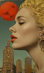 a woman is looking at a red moon over a city