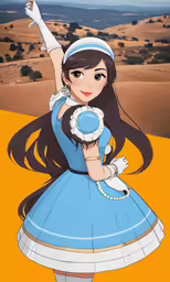 a anime character with long dark hair holding a blue item