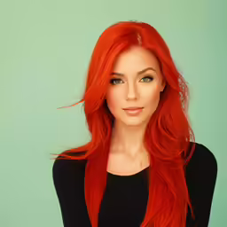 a woman with red hair in black top against a turquoise background