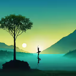 a man flying his kite over a lake at sunset,a woman sitting on a bench in the middle of the field