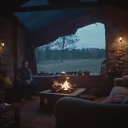man sitting on the deck of a stone house at dusk