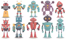 a collection of robots, including one robot, one in red and blue, some yellow and gray