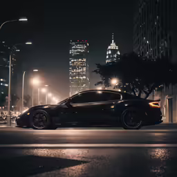 the car is driving down the city street