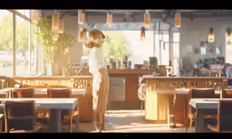a woman in white shirt standing near some wooden tables