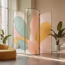 four large colorful glass dividers in a modern home