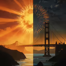 the sun in a beautiful orange sky and fireworks over the bridge