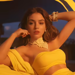 a woman in a yellow dress laying on a bed