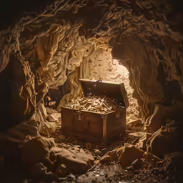 a trunk in the middle of a cave filled with gold