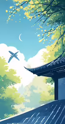 an airplane is flying over the pagoda and tree