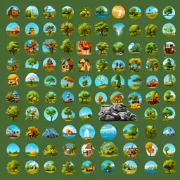 a large set of illustrations depicting different places in a countryside,a big collection of different cartoon pictures on a green background