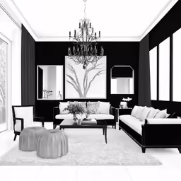 the interior of a home decorated in black and white