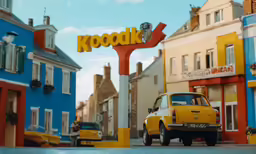 a yellow car sitting at the end of a street