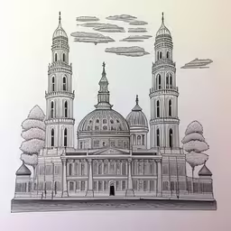 drawing of a cathedral with multiple towers and domes,the illustration depicts three domes and a clock tower