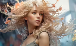 a woman with long blonde hair with flying flowers on it