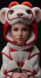 a woman with fur and ears, wearing red and white outfit
