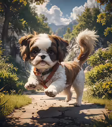 a brown and white dog is on a road