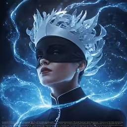 a woman in a white mask and feathered headdress