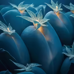 a bunch of blue and white objects with leaves on them