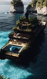 there is a boat with an island in it