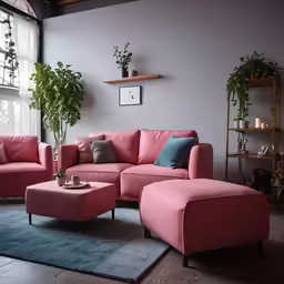 a living room that has pink couches and chairs