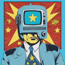 a man wearing a robot suit and tie,an image of a television with a stars in the background