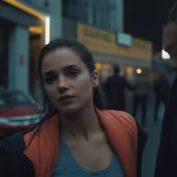 an attractive woman with a blue top walking by a street corner