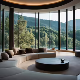 an circular room with large windows overlooking the forest