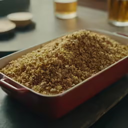 a large red casserole dish full of cereal