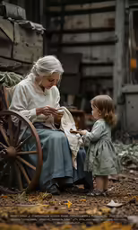 an old woman sitting on a wooden carriage next to a young girl