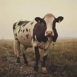 a cow with black and white spots standing on a dirt road