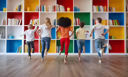 group of young children standing in front of colorful bookshelf