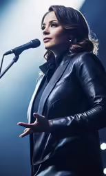 a woman in a suit standing behind a microphone