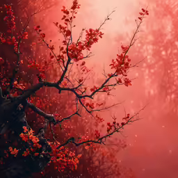 a tree with red flowers on the branches