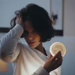 a woman holds her hair and a hairbrush in the foreground
