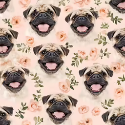seamless photograph of a pug panting, and pink roses