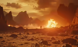 a man stands in the middle of some rocks with the sun going down