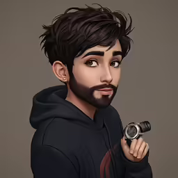 a man with dark hair and black hoodie holding a small object
