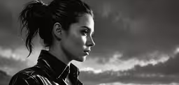a woman standing on top of a field under cloudy skies,a young woman in a leather jacket against the dark background