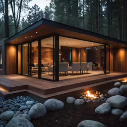 a backyard cabin built around a fire pit and glass doors