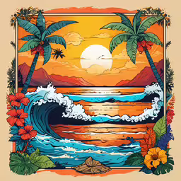 a painting with palm trees, waves, and the sun,a painting of a beach with palm trees