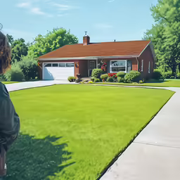 the woman is standing in front of her red brick house