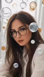 woman with glasses leaning forward in a room full of bubbles