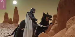 a man dressed as a knight riding a horse next to a dog