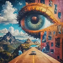a car driving on the road beneath an eye