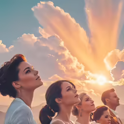four people are watching the sun set in front of clouds