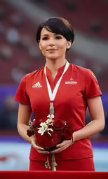 a woman standing behind an olympic ceremony ceremony with flowers in her hands