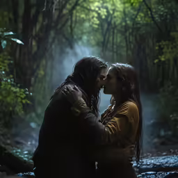 two young people with long hair are in a green forest, with mist coming from the trees
