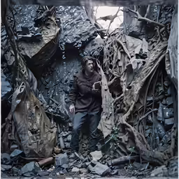 man standing in a very messy room next to broken rocks