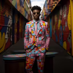 a man wearing sunglasses stands on a sidewalk in front of many colorful walls,a man in a suit stands in a street