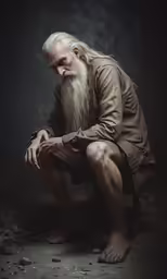 an old man in a white beard poses with his hands clasped
